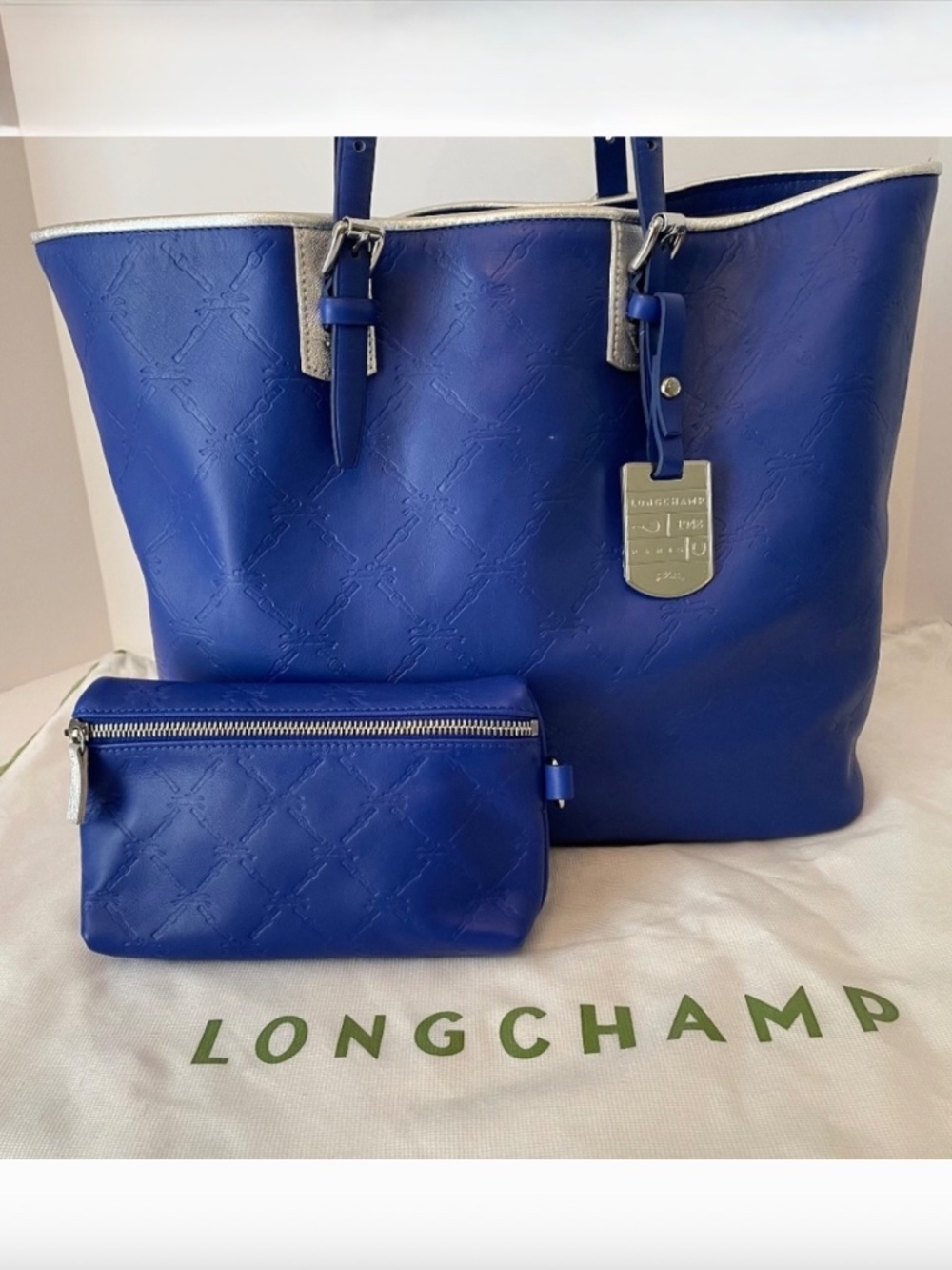 Longchamp LM Cuir Indigo Blue Shoulder Medium Tote w/Pouch/Dustbag France